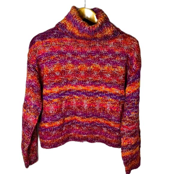 Ramy Brook NY Pink Orange Metallic Striped Chunky LS Turtleneck Sweater Size S - Picture 2 of 12
